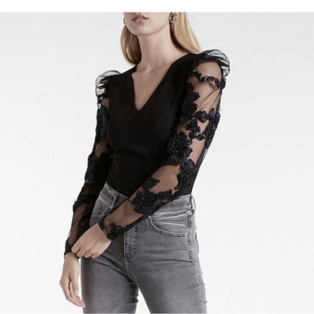 NWT Express Floral Puff Long Sleeve Thong Bodysuit